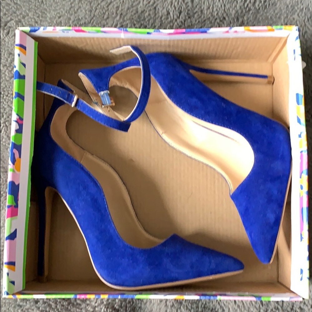 Brand new in box blue suede ankle strap heels